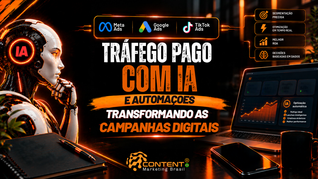 Robô futurista com “IA”, plataformas Meta Ads, Google Ads e TikTok Ads, notebook com gráfico e texto “Tráfego Pago com IA — Como a Inteligência Artificial Está Transformando as Campanhas Digitais”
