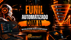 Robô futurista com “IA”, notebook com métricas de vendas e funil de conversão iluminado. O destaque central traz “Funil automatizado com IA” e a frase “Revolucione suas campanhas e aumente suas conversões”.