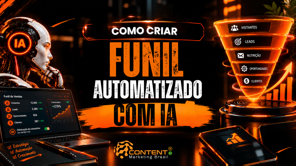 Robô futurista com “IA”, notebook com dados do funil de vendas e um funil luminoso com as etapas “Visitantes”, “Leads”, “Nutrição”, “Oportunidades” e “Clientes”. No centro, aparece a frase “Como criar funil automatizado com IA”.