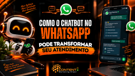 Robô futurista segurando um celular com WhatsApp, logo do WhatsApp no centro e outro celular exibindo uma conversa com chatbot. O texto destaca “Chatbot no WhatsApp e Automações de Marketing”.