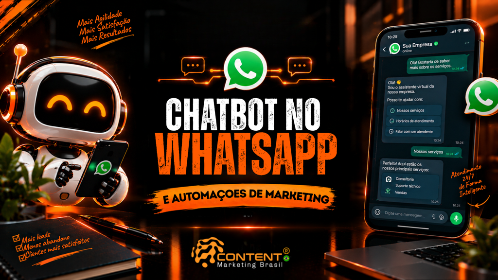 Robô futurista segurando um celular com WhatsApp, outro celular exibindo uma conversa automatizada e elementos gráficos de mensagens. O texto central diz “Como o Chatbot no WhatsApp Pode Transformar Seu Atendimento”.