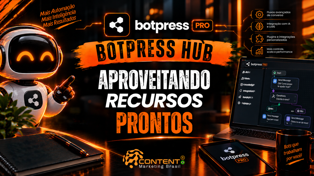 Robô futurista ao lado do logo “botpress PRO”, notebook exibindo um fluxo de chatbot e celular com a plataforma Botpress. O texto destaca “Botpress Hub Aproveitando Recursos Prontos”.