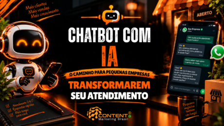 Robô segurando um celular, outro celular exibindo uma conversa de chatbot no WhatsApp e uma loja ao fundo. O texto destaca “Chatbot com IA” e “O caminho para pequenas empresas transformarem seu atendimento”.
