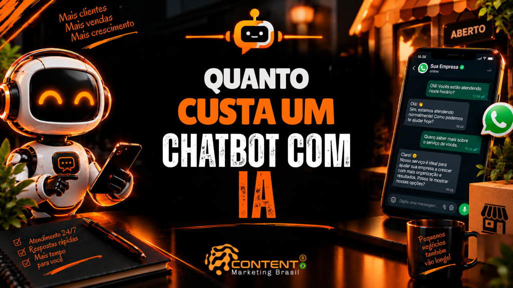 Robô segurando um celular, tela de WhatsApp com atendimento automatizado e uma loja ao fundo. O texto central diz “Quanto custa um chatbot com IA”.
