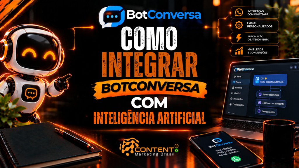 Robô futurista, logo BotConversa, notebook exibindo um fluxo de chatbot e celular com a plataforma. O texto central diz “Como Integrar BotConversa com Inteligência Artificial”.