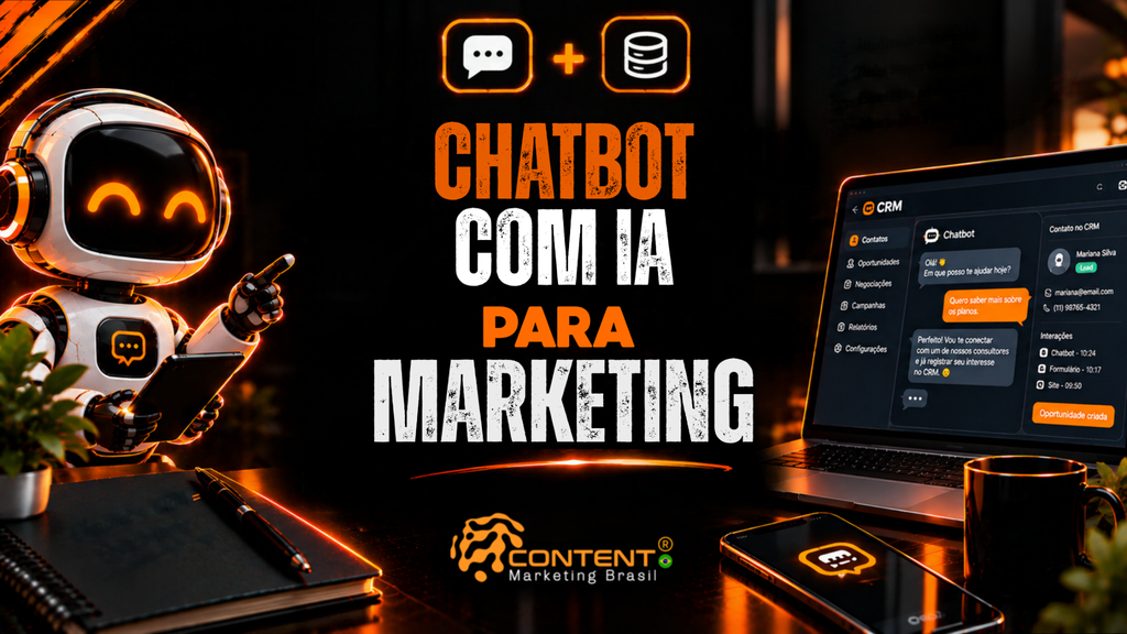 Robô futurista segurando um tablet, notebook com interface de CRM e ícones de chatbot e banco de dados. O texto central diz “Chatbot com IA para Marketing”.