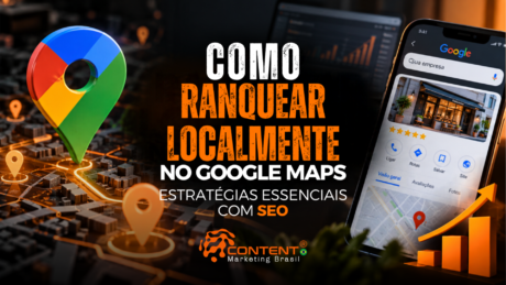 Ícone do Google Maps, mapa com marcadores de localização, celular exibindo um perfil empresarial no Google e gráfico de crescimento. O texto destaca “Como ranquear localmente no Google Maps” e “Estratégias essenciais com SEO”.