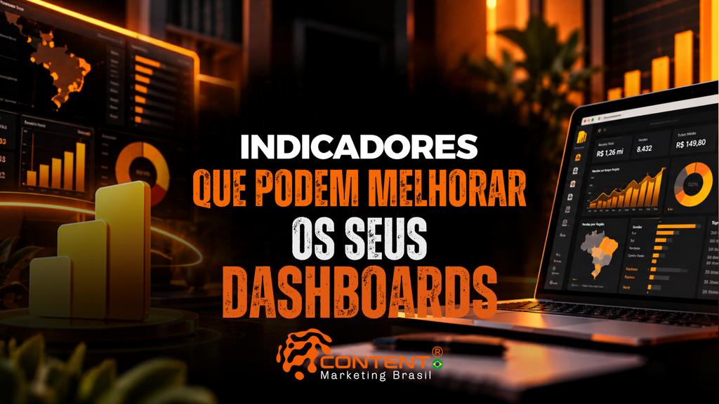 Gráficos e indicadores em telas, barras de desempenho e notebook exibindo um dashboard do Power BI. O texto diz “Indicadores que podem melhorar os seus dashboards”.