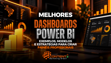 Telas com gráficos e indicadores, barras de desempenho e notebook exibindo um painel do Power BI. O texto destaca “Melhores Dashboards Power BI” e “Exemplos, modelos e estratégias para criar painéis profissionais”.