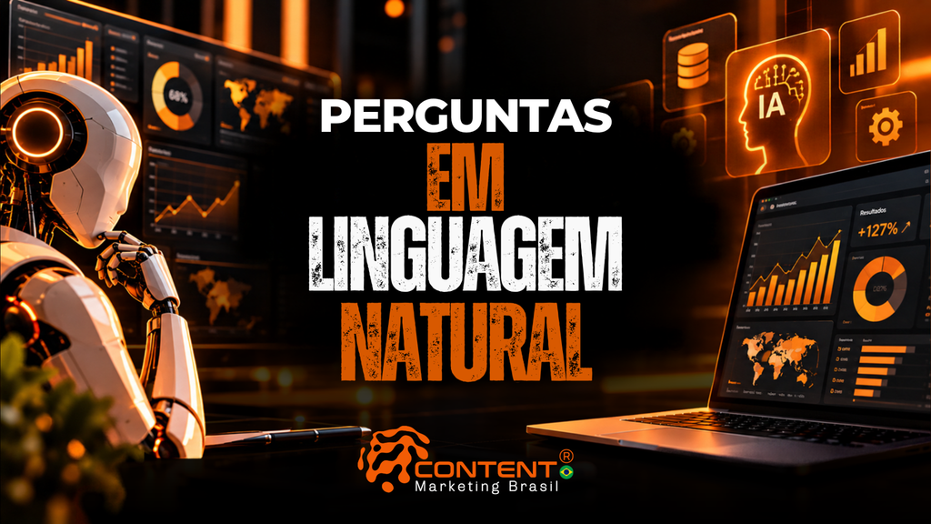 Robô ao lado de dashboards com gráficos e indicadores. O texto destaca “Perguntas em Linguagem Natural”.