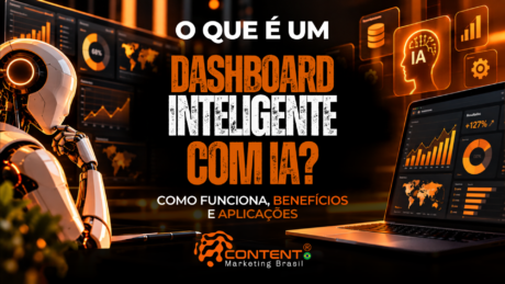 Robô e notebook exibindo gráficos e indicadores de dados. O texto apresenta “O Que É um Dashboard Inteligente com IA?” e destaca funcionamento, benefícios e aplicações.