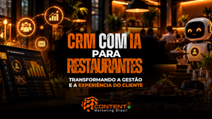 Restaurante com robô atendente, CRM e indicadores de clientes. O texto destaca “CRM com IA para restaurantes”, voltado à gestão e experiência do cliente.