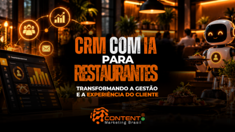 Restaurante com robô atendente, CRM e indicadores de clientes. O texto destaca “CRM com IA para restaurantes”, voltado à gestão e experiência do cliente.
