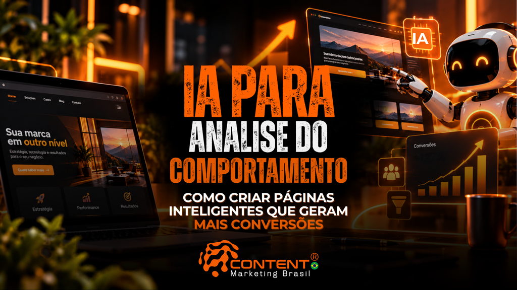 Imagem 1: Notebook e robô com elementos de inteligência artificial, gráficos e conversões. O texto destaca “IA para análise do comportamento” e páginas inteligentes que geram mais conversões.