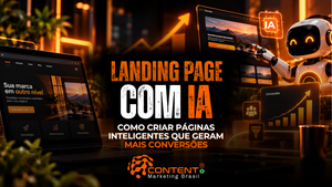 Notebook, robô e interface de uma landing page com IA. O texto destaca “Landing Page com IA” e a criação de páginas inteligentes para aumentar conversões.