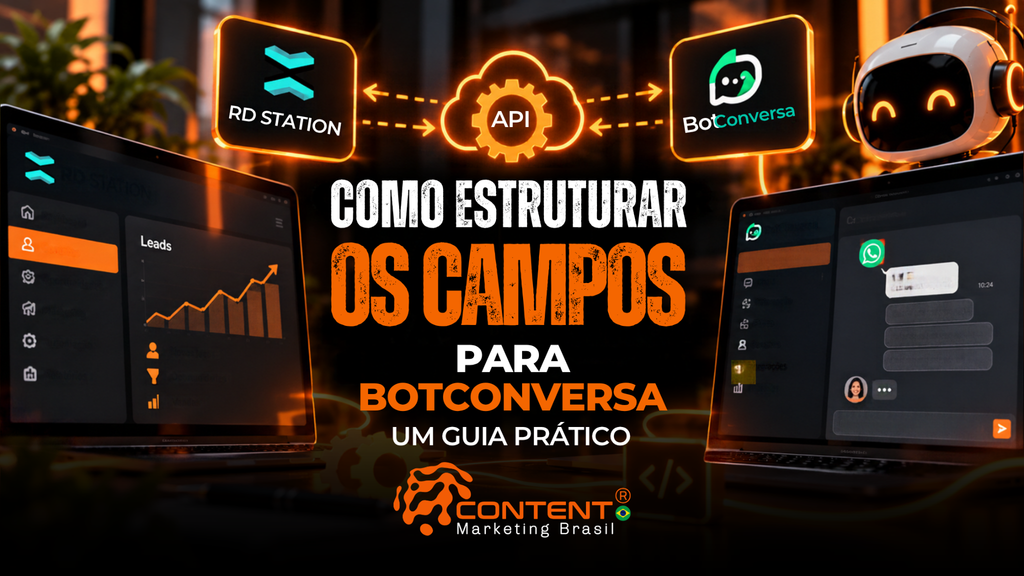 Imagem 1: Interfaces do RD Station e BotConversa conectadas por uma API, com robô e gráficos de leads. O texto destaca “Como estruturar os campos para BotConversa”.
