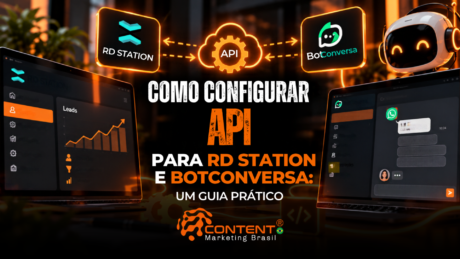 RD Station e BotConversa conectados por uma API, com telas de leads e chatbot. O texto destaca “Como configurar API para RD Station e BotConversa”.