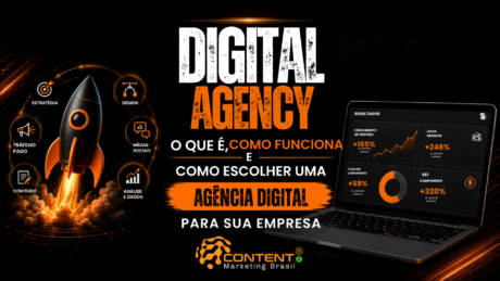 Banner em fundo preto e laranja com o título “Digital Agency” e o texto “o que é, como funciona e como escolher uma agência digital para sua empresa”. À esquerda, um foguete decola cercado por ícones de estratégia, design, tráfego pago, mídias sociais, conteúdo e análise de dados. À direita, um notebook mostra métricas de crescimento de tráfego, leads gerados, taxa de conversão e ROI de campanhas. O logotipo da Content Marketing Brasil aparece na parte inferior.