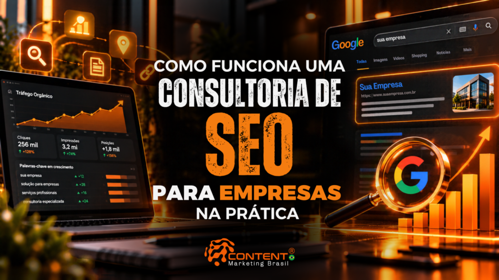 Arte em tons de preto, laranja e branco, com notebook exibindo gráficos de tráfego orgânico e palavras-chave, tela de busca do Google, lupa com a letra G e barras crescentes. Texto: “Como funciona uma consultoria de SEO para empresas na prática”.
