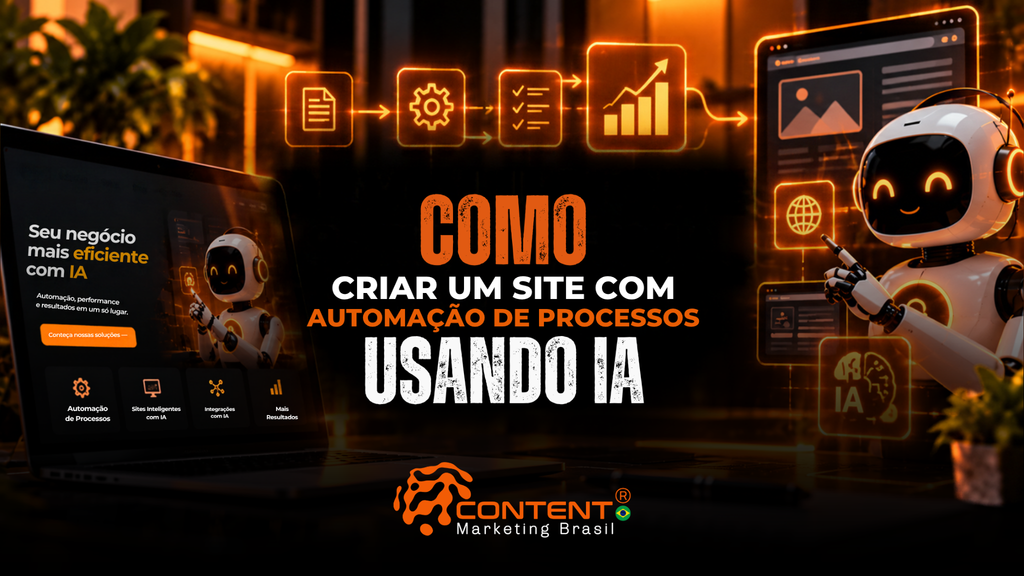 descrição, me dewscreve a imagem para pessoas cegas Arte digital em tons de preto e laranja, com robôs de inteligência artificial, telas de computador exibindo sites, gráficos e fluxos de automação. O título destaca como revolucionar negócios com a automação de processos usando IA para criar sites mais eficientes.