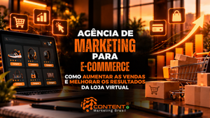 Arte com notebook mostrando produtos à venda, carrinho de compras com caixas e gráficos de crescimento. O título destaca “Agência de Marketing para E-commerce: como aumentar as vendas e melhorar os resultados da loja virtual”.