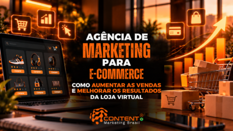Arte com notebook mostrando produtos à venda, carrinho de compras com caixas e gráficos de crescimento. O título destaca “Agência de Marketing para E-commerce: como aumentar as vendas e melhorar os resultados da loja virtual”.