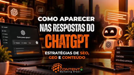 Arte com notebook aberto no ChatGPT, robô sorridente e livros sobre inteligência artificial e otimização digital. O título é “Como aparecer nas respostas do ChatGPT: estratégias de SEO, GEO e conteúdo”.