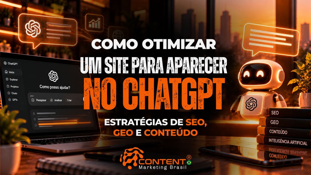 Arte em tons de laranja e preto, com notebook exibindo a interface do ChatGPT, ícones digitais e um robô ao lado de livros sobre SEO, GEO, conteúdo e inteligência artificial. O título é “Como otimizar um site para aparecer no ChatGPT: estratégias de SEO, GEO e conteúdo”.