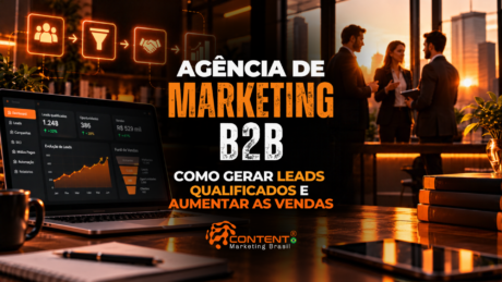 Arte em tons de preto, laranja e branco, com notebook exibindo métricas de marketing e vendas, ícones de conversão e profissionais em reunião. Texto: “Agência de marketing B2B: como gerar leads qualificados e aumentar as vendas”.