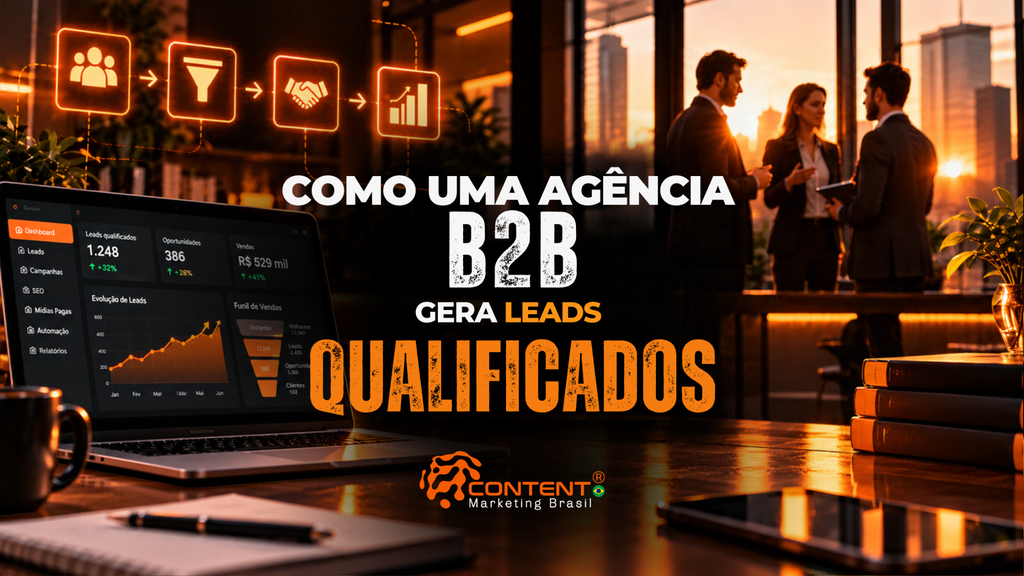 Arte em tons de preto, laranja e branco, com notebook exibindo gráficos de leads, vendas e funil comercial, ícones de marketing e três profissionais conversando. Texto: “Como uma agência B2B gera leads qualificados”.