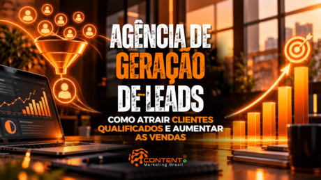 Arte em tons de preto, laranja e branco, com notebook mostrando métricas de marketing, funil com perfis de clientes e gráfico crescente com alvo. Texto: “Agência de geração de leads: como atrair clientes qualificados e aumentar as vendas”.