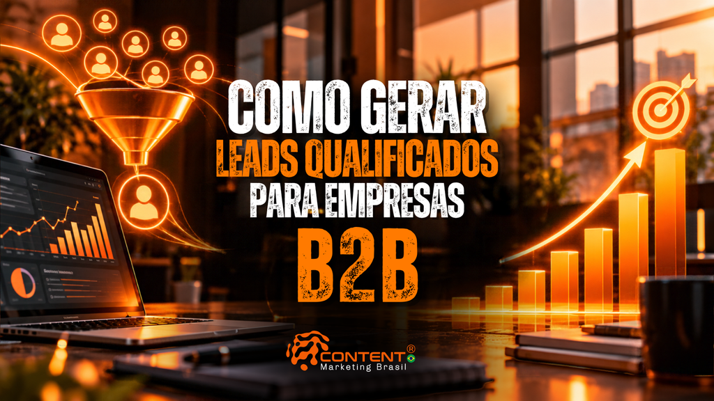 Arte em tons de preto, laranja e branco, com notebook exibindo gráficos de desempenho, funil de vendas e ícones de clientes. Texto: “Como gerar leads qualificados para empresas B2B”.