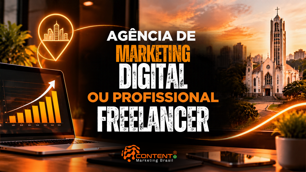 Arte em tons de laranja, preto e branco, com notebook exibindo gráficos de crescimento e ícone de localização com prédios ao fundo. O texto destaca “Agência de Marketing Digital ou Profissional Freelancer”.