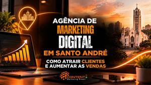 Arte com notebook, gráficos de crescimento e uma igreja em meio à paisagem urbana ao pôr do sol. O texto destaca “Agência de Marketing Digital em Santo André: como atrair clientes e aumentar as vendas”.