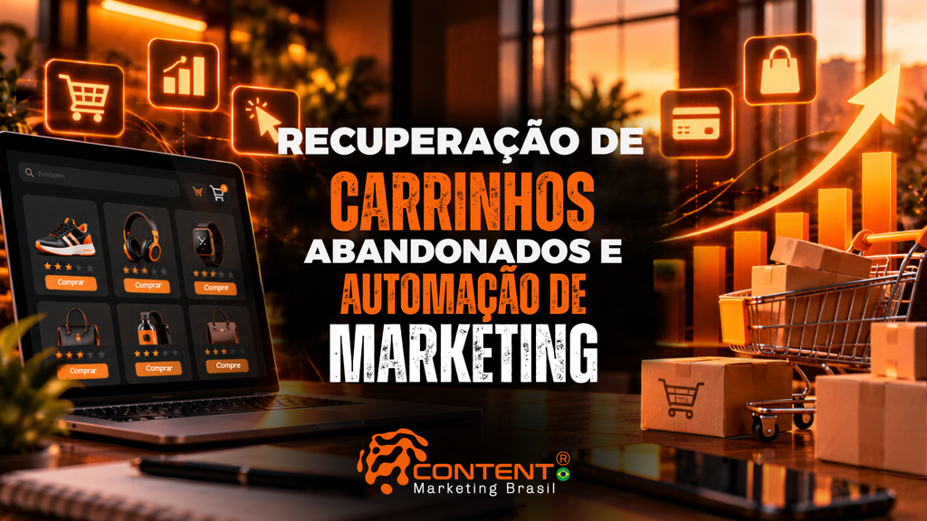 Arte em tons de laranja e preto, com notebook exibindo produtos de uma loja virtual, ícones de compras e gráficos de desempenho. O título destaca “Recuperação de Carrinhos Abandonados e Automação de Marketing”.