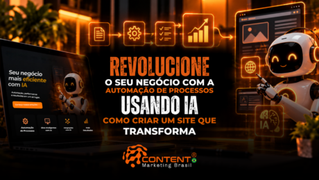 descrição, me dewscreve a imagem para pessoas cegas Arte digital em tons de preto e laranja, com robôs de inteligência artificial, telas de computador exibindo sites, gráficos e fluxos de automação. O título destaca como revolucionar negócios com a automação de processos usando IA para criar sites mais eficientes.